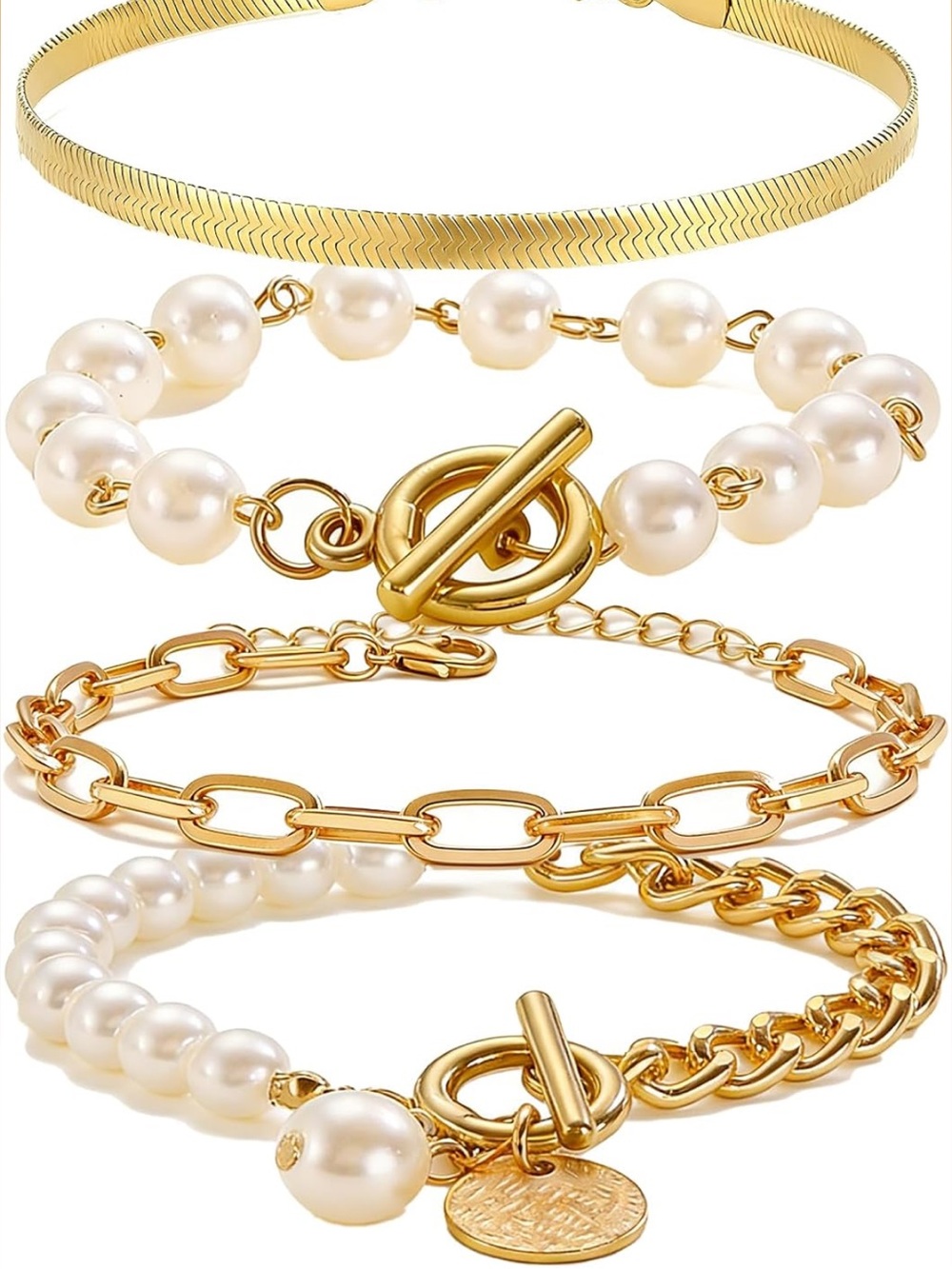 Anthropologie Gold and Cream Color Pearl Bracelet Set